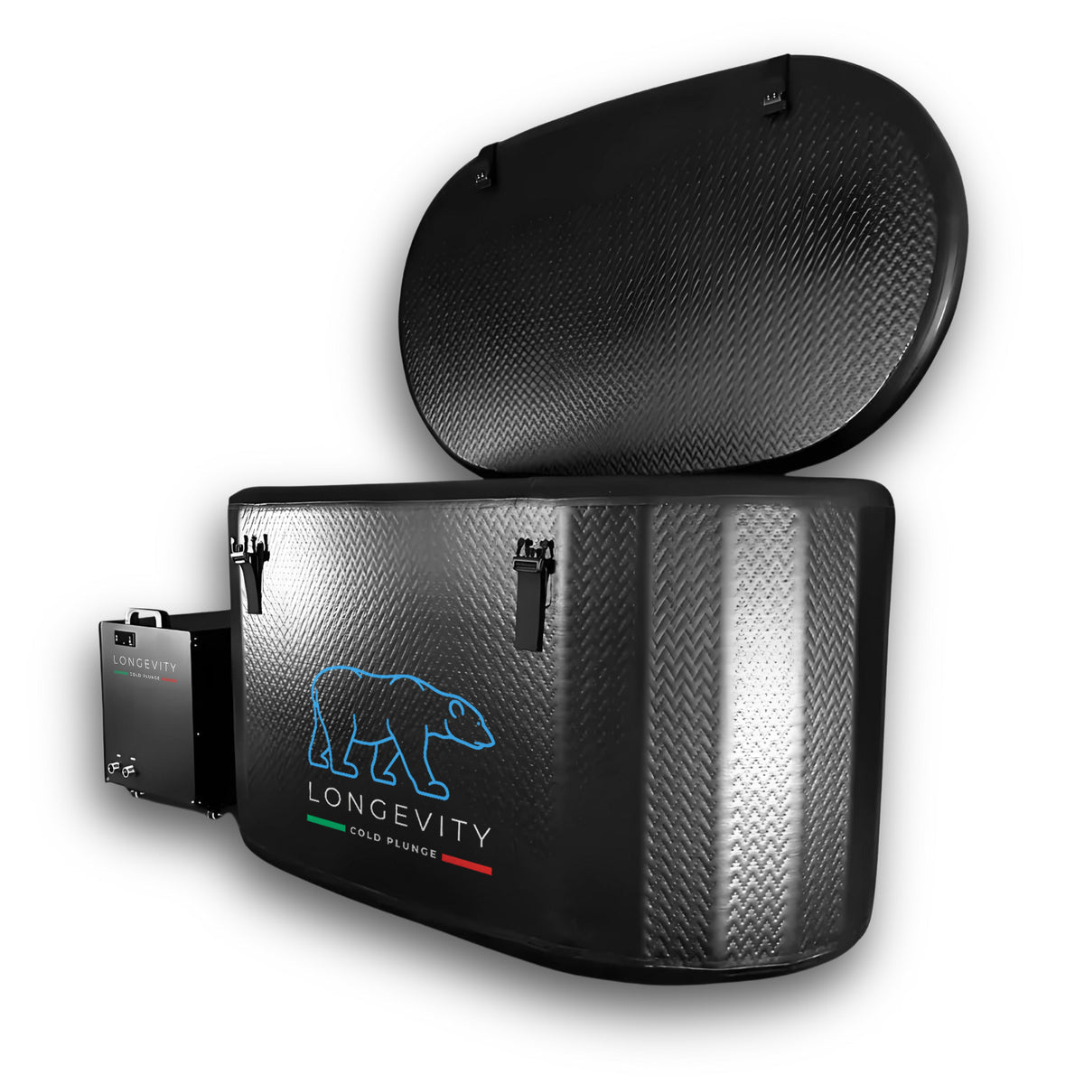 Black Cold Plunge Tub beside Chiller