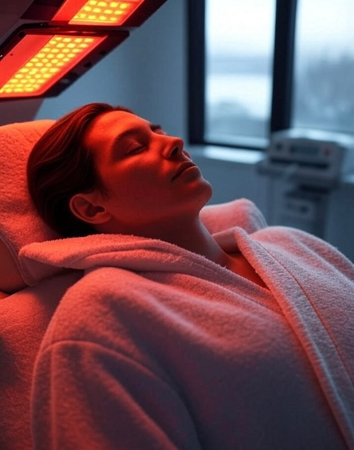Woman in Bed with Red Light Therapy Panel