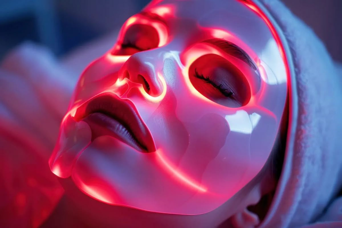 Woman in Red Light Therapy Mask as Skin Care