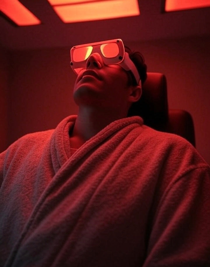 Man in Red Light Therapy Bed wearing protective glasses