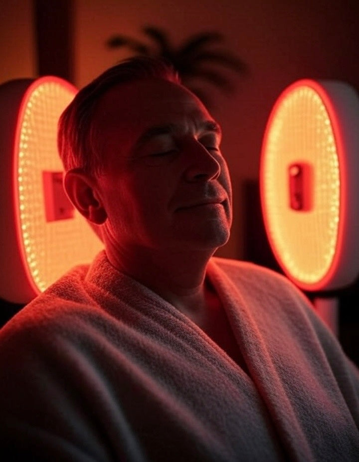 Man in Robe in front of Red Light Therapy Panels