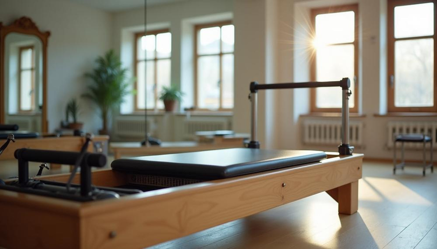 Reformer Pilates machine in a modern studio with natural light and wooden flooring