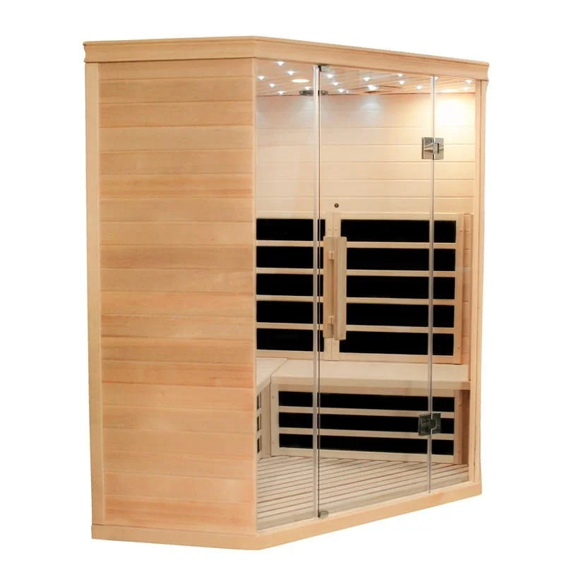 Centura Heat Indoor Corner Infrared Sauna with black carbon heater panels and glass double doors, on a white background.