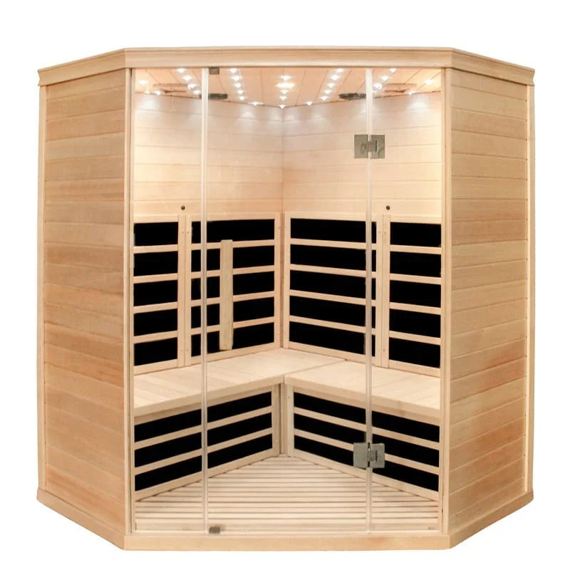 Centura Heat Indoor Corner Infrared Sauna with spacious seating and LED ceiling lights, on a white background.