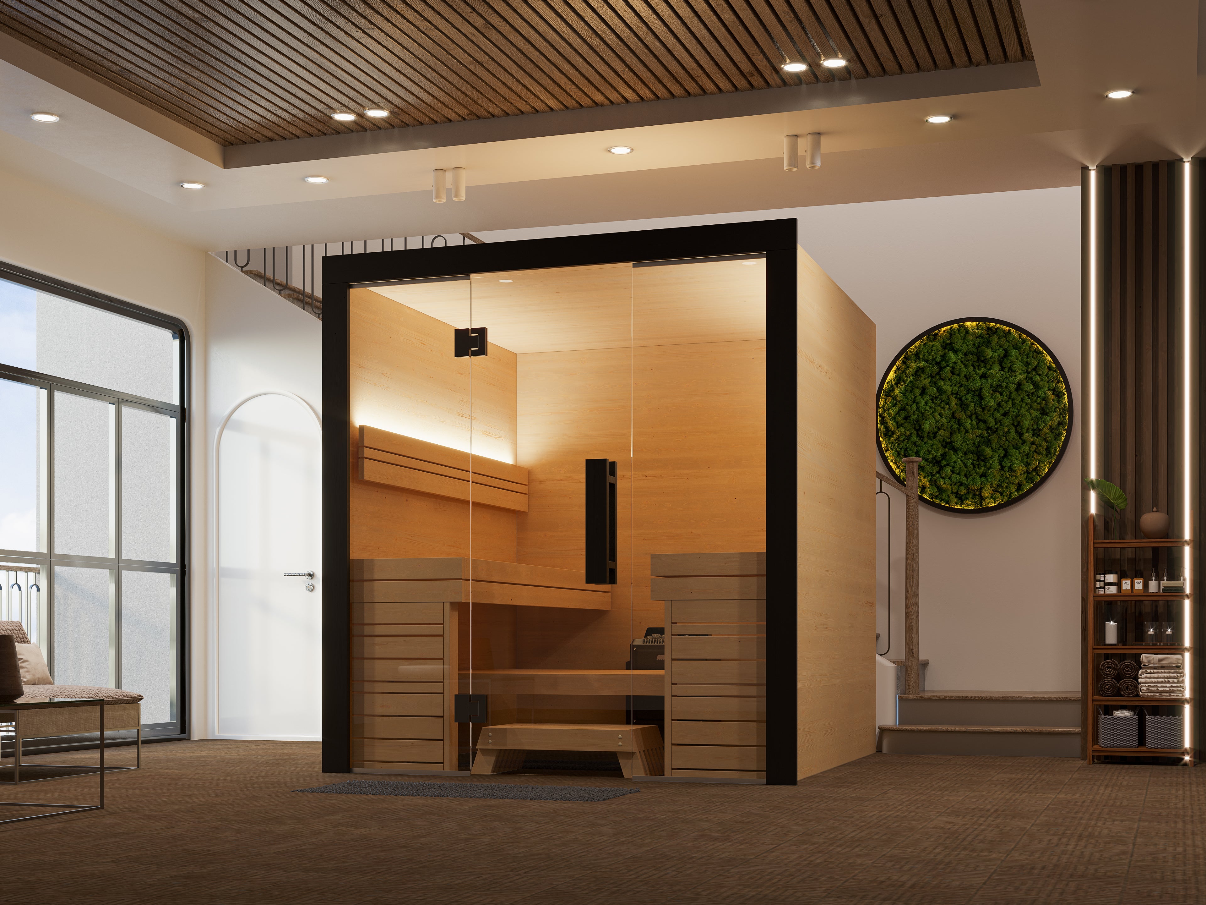 Modern interior view of the SIMON modular sauna installed in a stylish room, with glass door, tiered wooden benches, and warm lighting, on an indoor background with green wall decor and shelving.