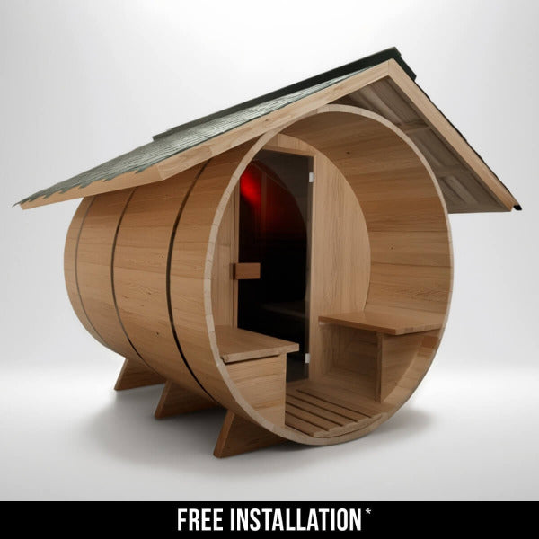 Hybrid barrel sauna with pitched roof and free installation banner