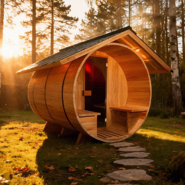 Hybrid barrel sauna in outdoor garden with sunlight shining through trees