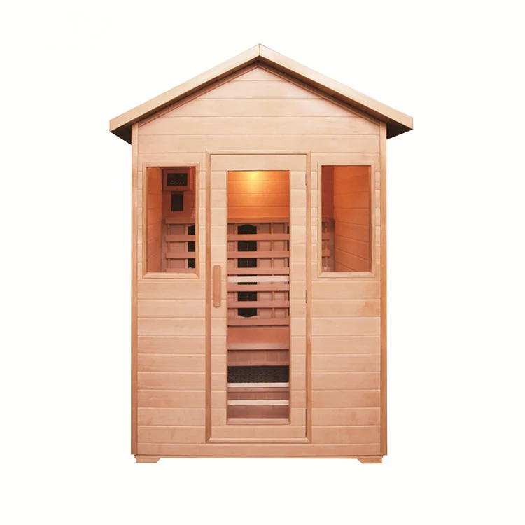 Front view of the natural wood Centura Heat Outdoor House Sauna with rectangular windows and central glass door, on a white background.