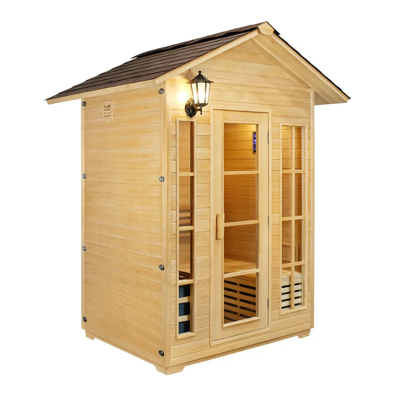 Angled view of the Centura Heat Outdoor House Sauna in light wood finish with glass-paneled door and side windows, on a white background.