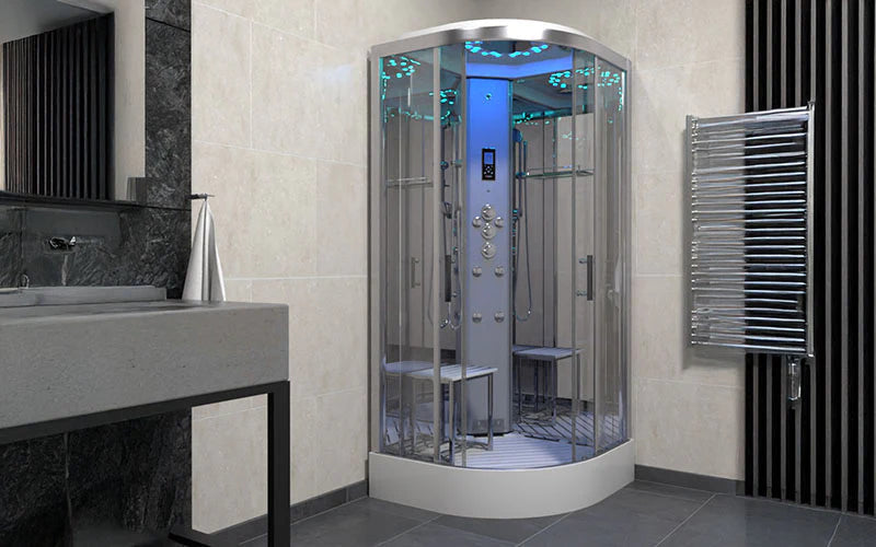 Glass And Steel Steam Shower Cabin with Light Set Up