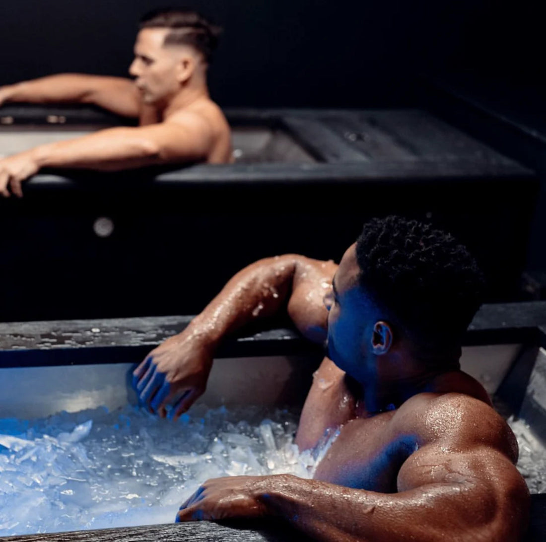 Two Man in the Cold Plunge Tub before Workout