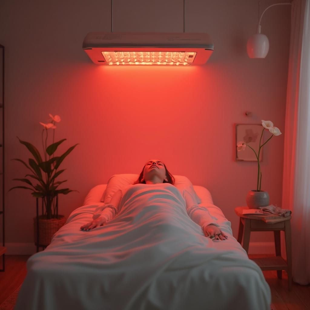 Woman in Bed with Daily Red Light Therapy