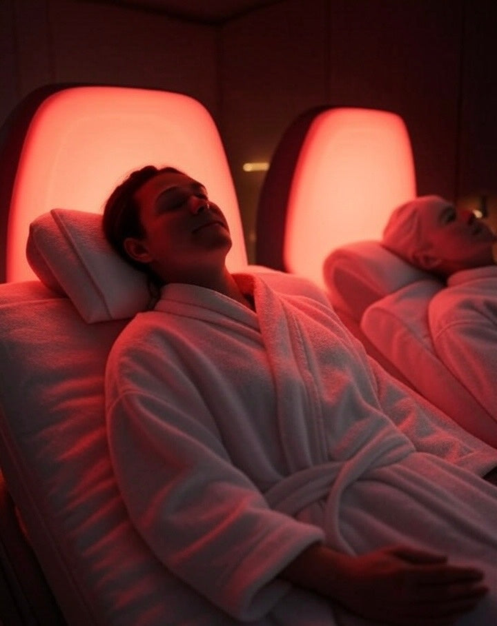 Woman in Bed with Red Light Therapy Panel