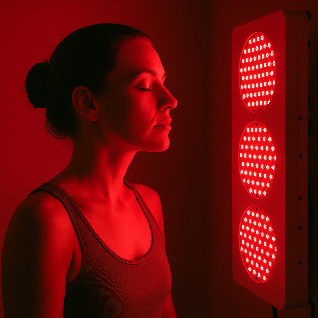 Woman's face in front of Red Light Therapy Panel