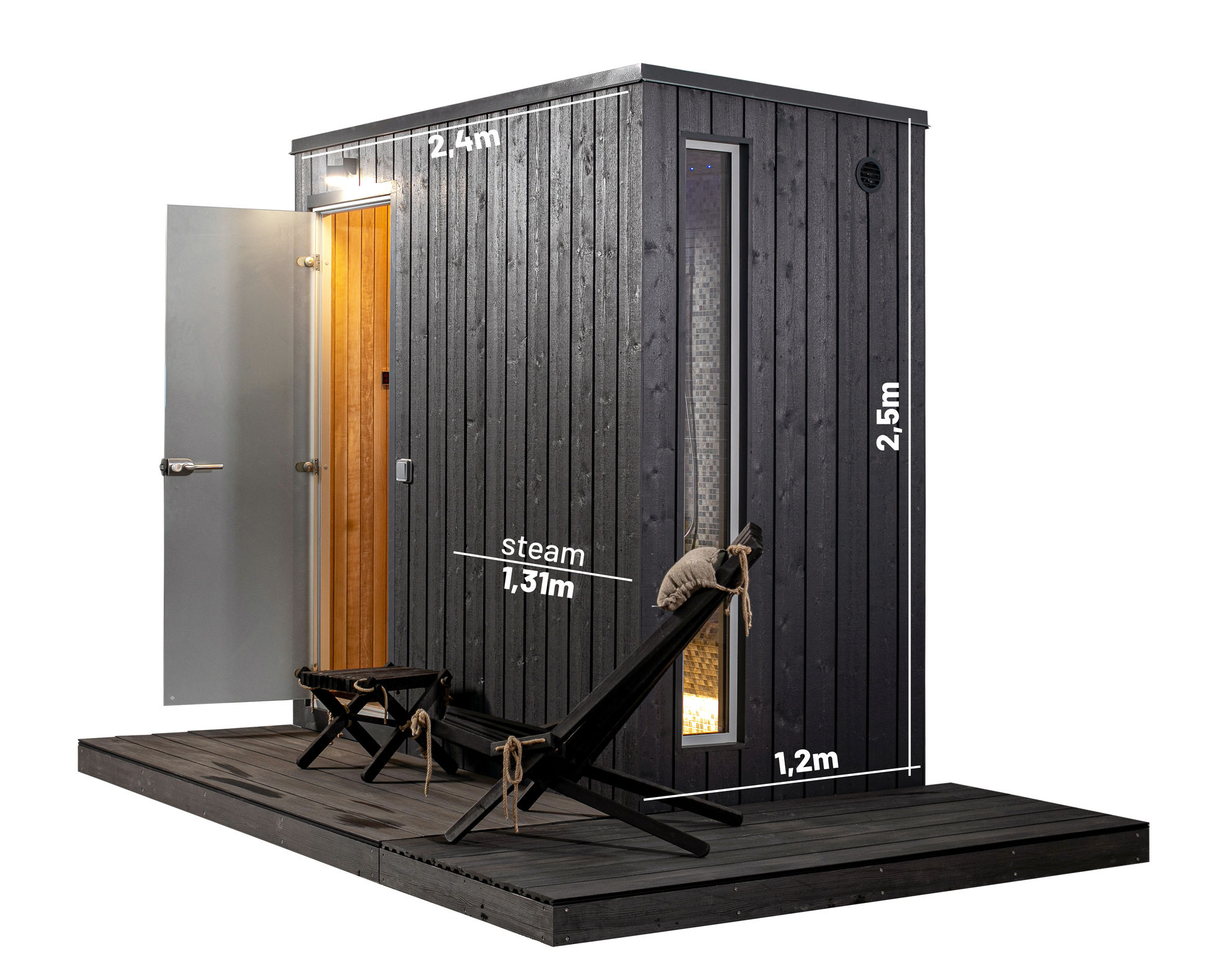 KUUT Outdoor Steam Sauna with dimensions labeled 2.4m width, 2.5m height, and 1.2m depth, on a transparent background.