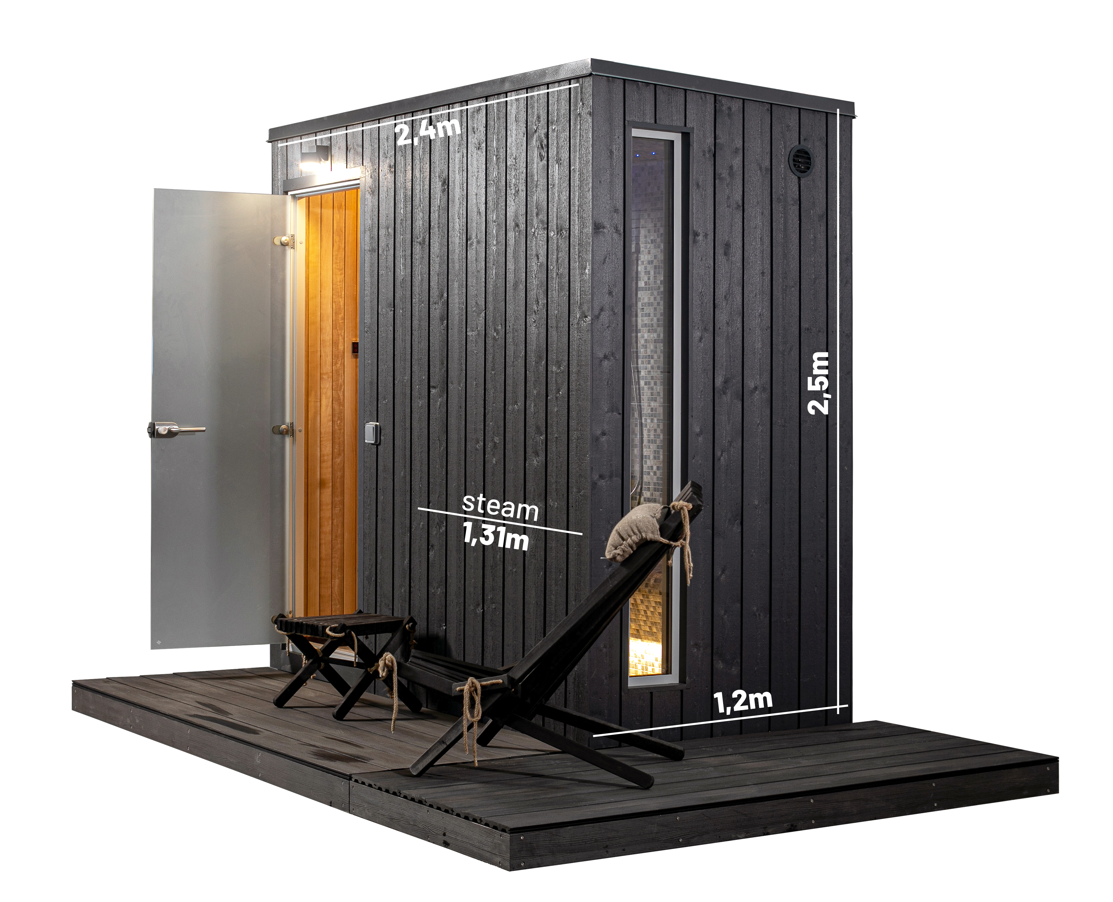KUUT Outdoor Steam Sauna with dimensions labeled 2.4m width, 2.5m height, and 1.2m depth, on a transparent background.