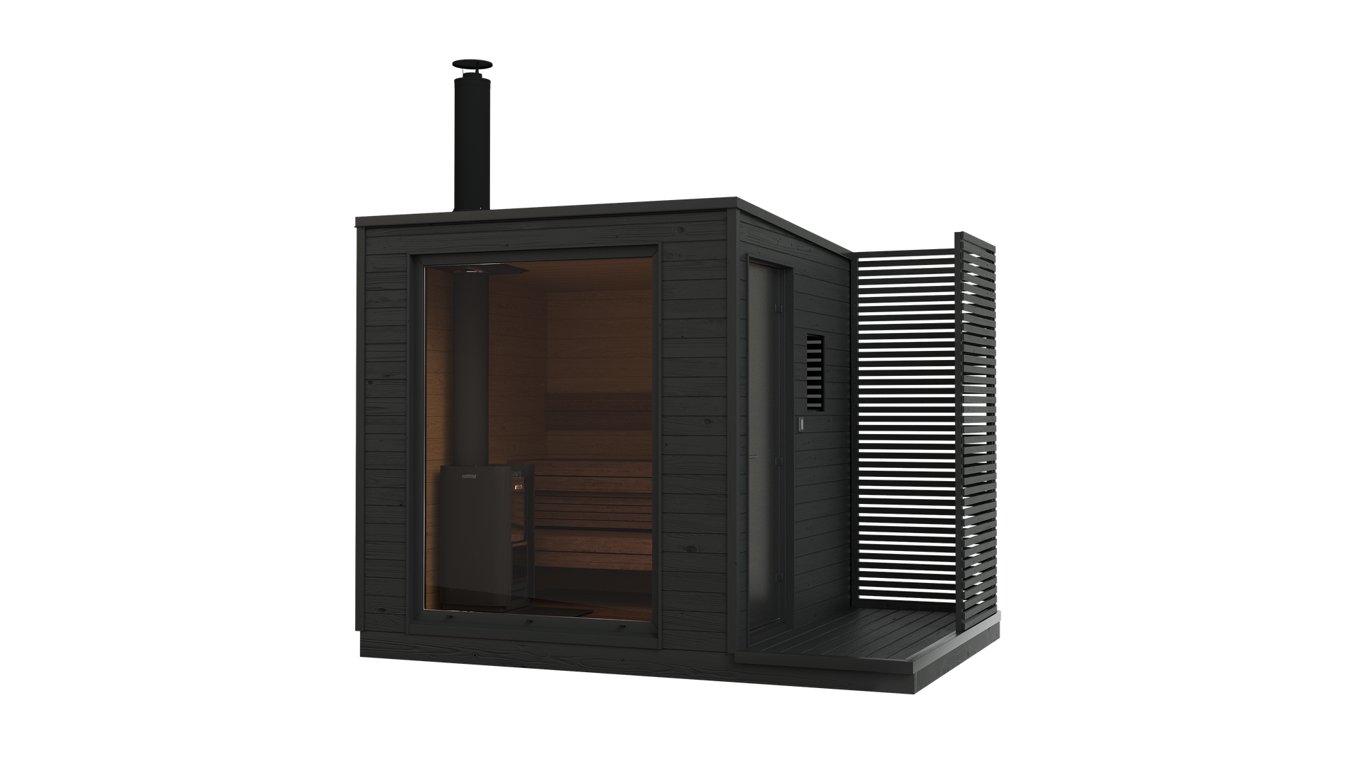 Front view of KUUT Wood Fired Sauna Premium with glass window showing wood-fired heater and interior benches on a transparent background.