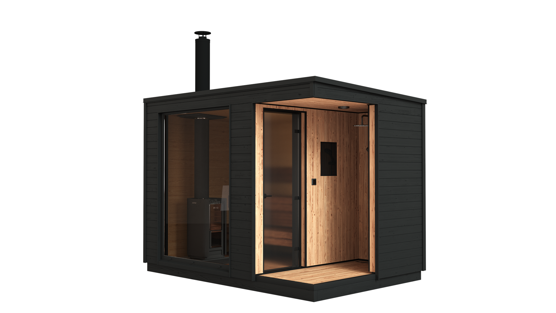 KUUT Wood Fired Sauna Premium with open entrance showing interior shower area and glass door to sauna, on a transparent background