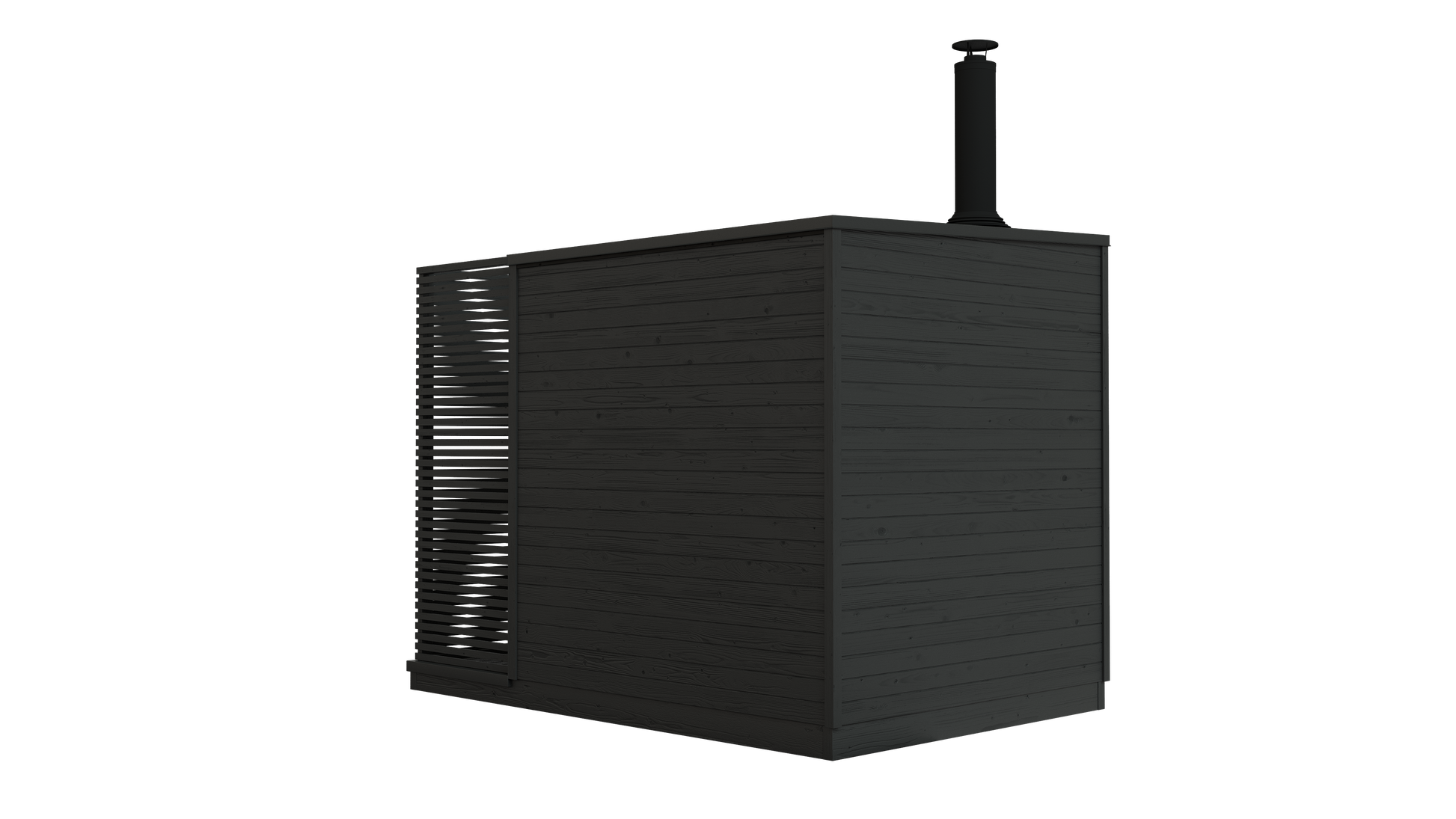 Rear angle of KUUT Wood Fired Sauna Premium with chimney pipe and slatted privacy screen on a transparent background.