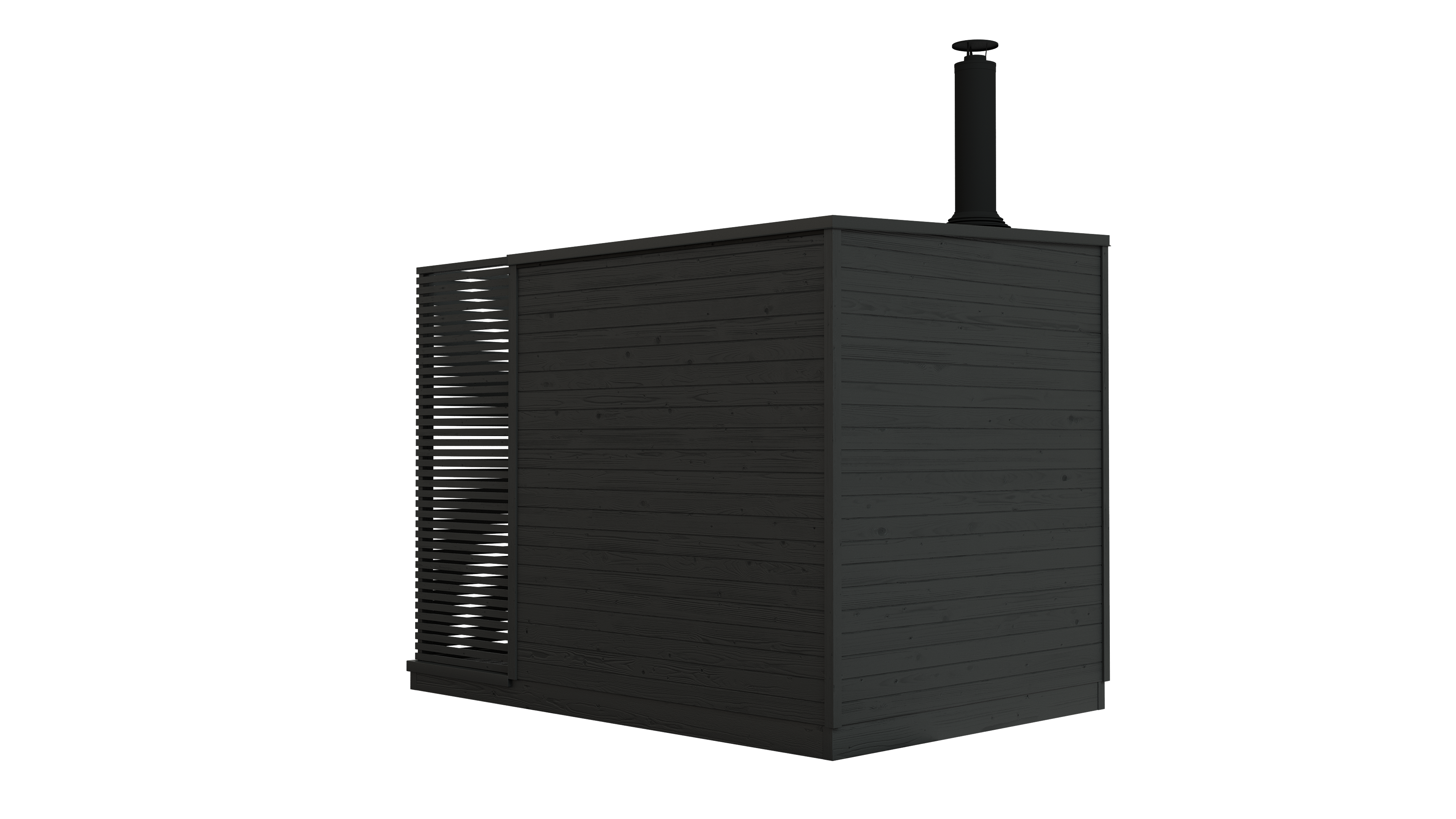 Rear angle of KUUT Wood Fired Sauna Premium with chimney pipe and slatted privacy screen on a transparent background.