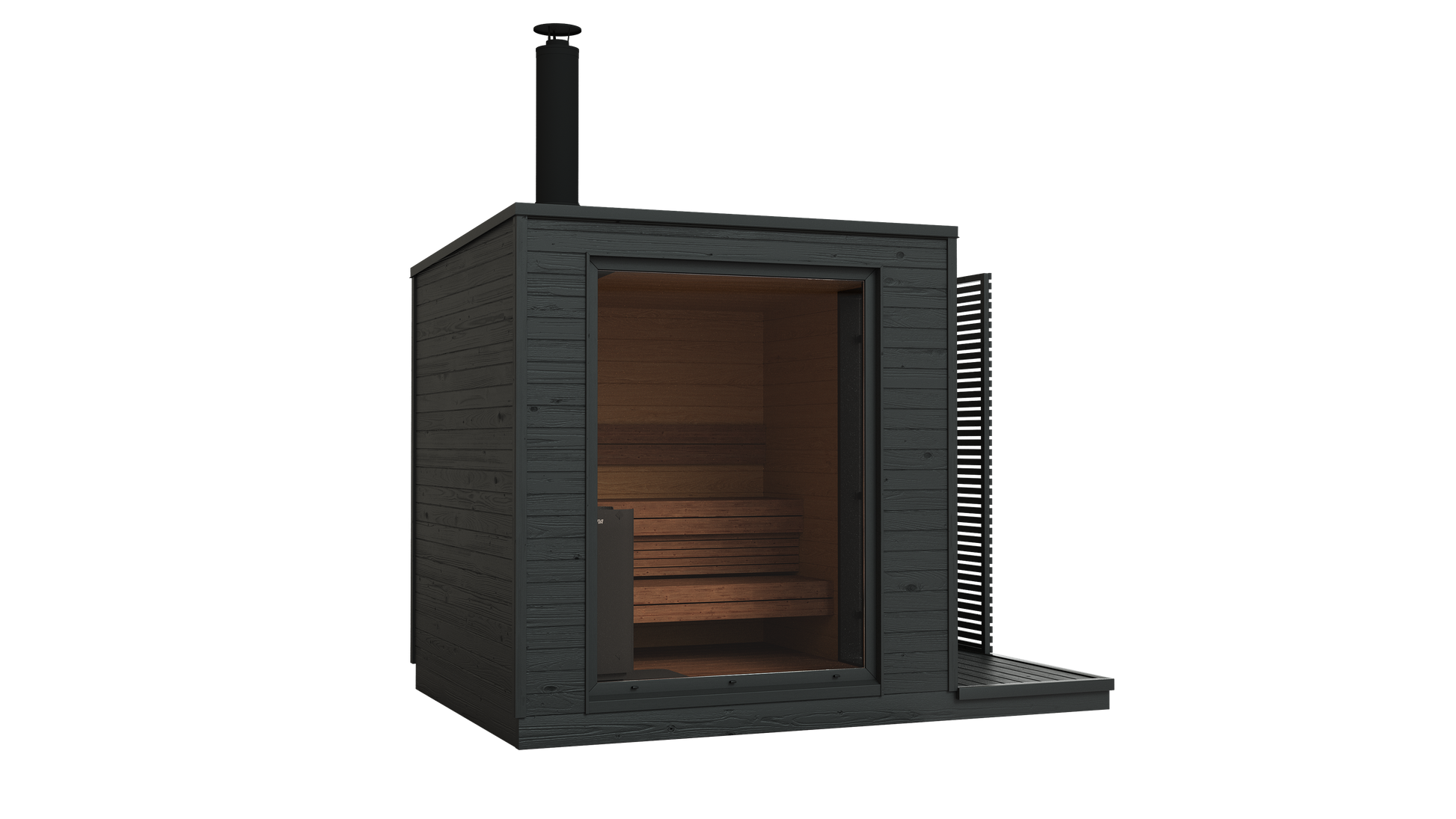 Angled front view of KUUT Wood Fired Sauna Premium with visible interior seating, chimney, and modern black wood design on a transparent background.