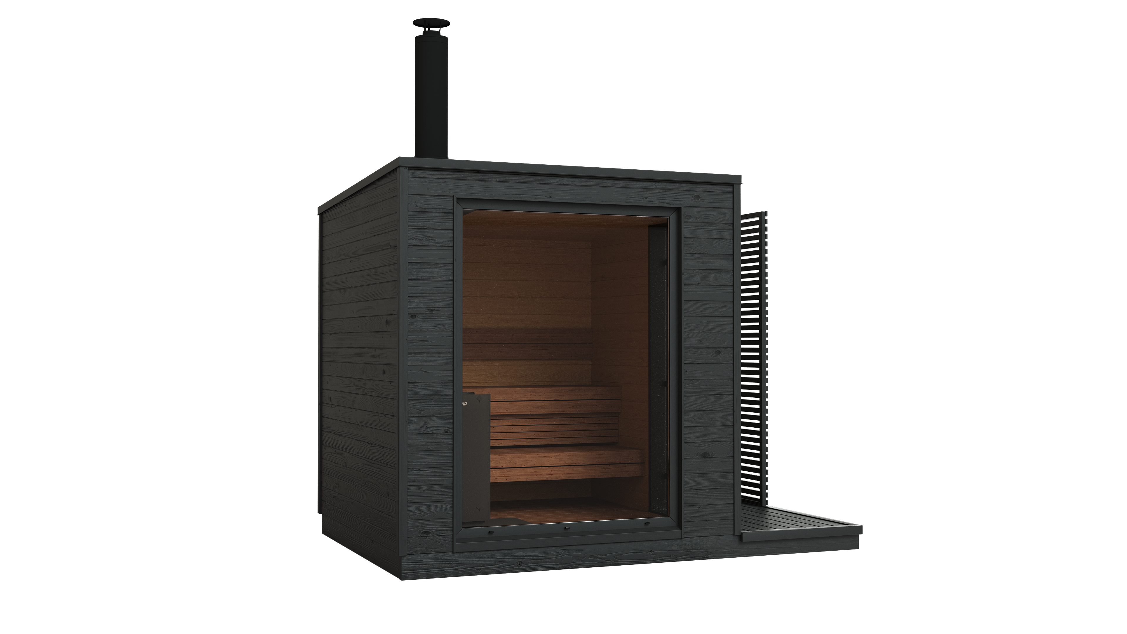 Angled front view of KUUT Wood Fired Sauna Premium with visible interior seating, chimney, and modern black wood design on a transparent background.