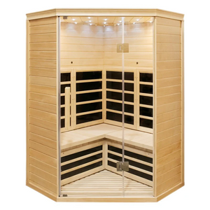 Centura Heat Indoor Corner Infrared Sauna with bench seating and minimalist lighting, on a white background.