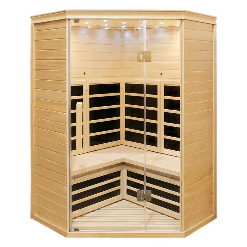 Centura Heat Indoor Corner Infrared Sauna with bench seating and minimalist lighting, on a white background.