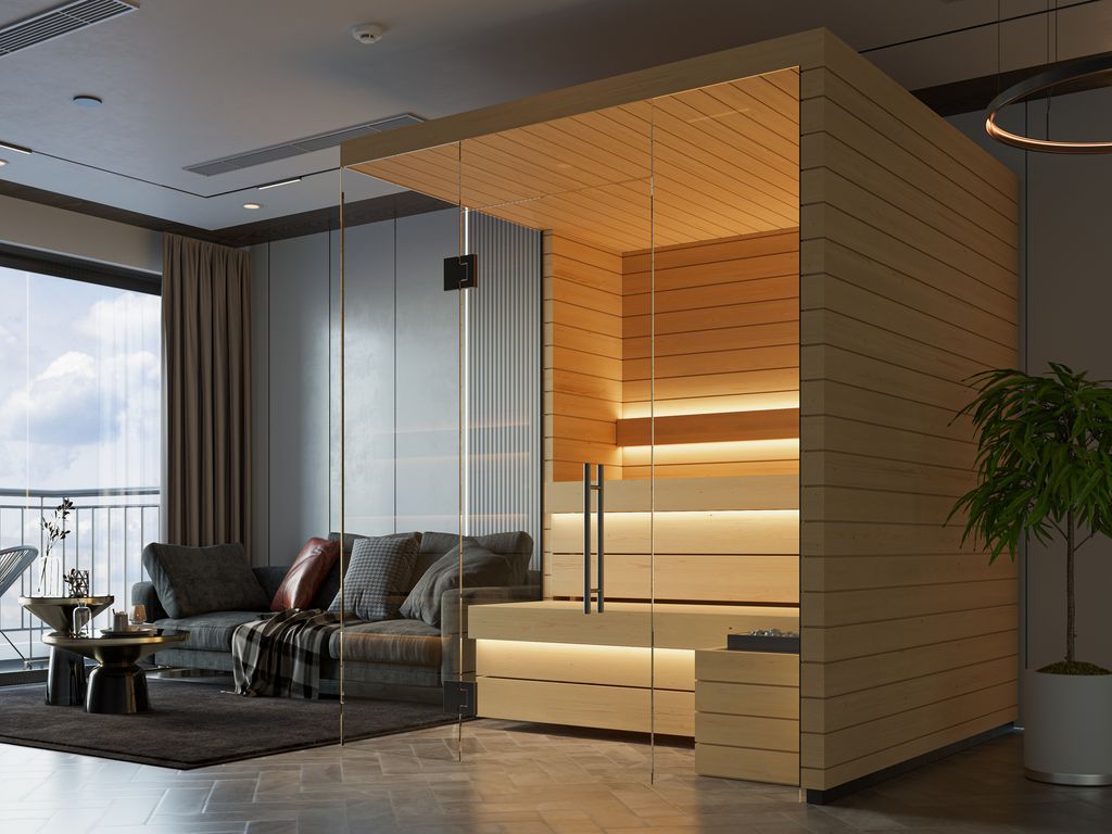Kuut Modular Sauna Otto L with full glass walls and sleek aspen wood design, placed in a luxury high-rise living room with panoramic windows, on a modern apartment background.