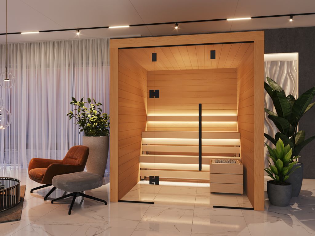Kuut Modular Sauna Otto L featuring aspen slat design and vertical handle, positioned in a clean modern lounge with marble floors and soft drapery, on a minimalist interior background.