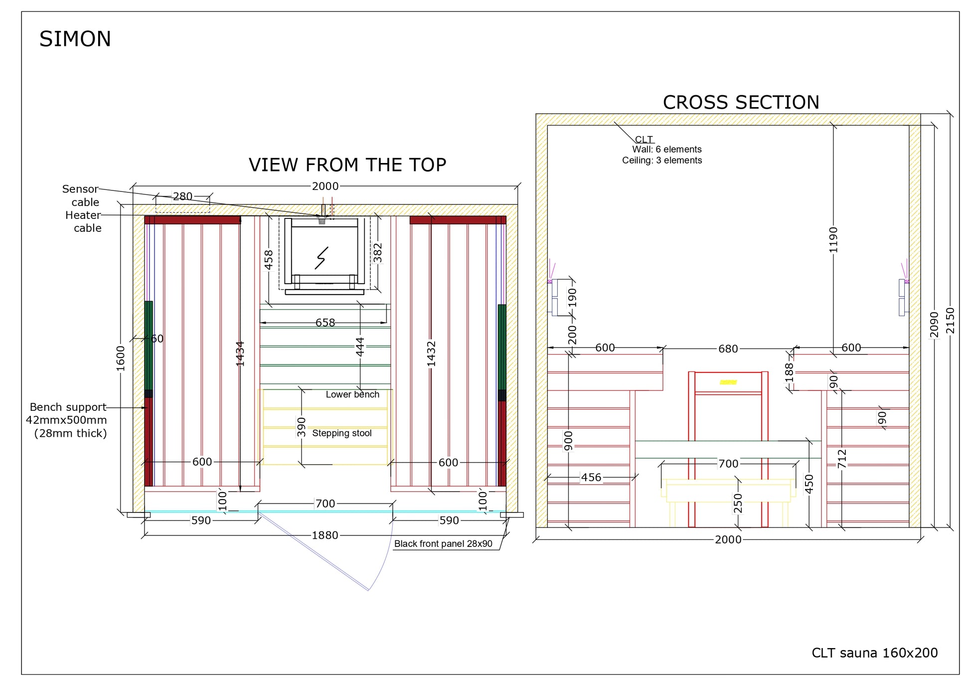 Architectural layout of the SIMON CLT sauna 160x200, including seating measurements and structural elements, on a white background.