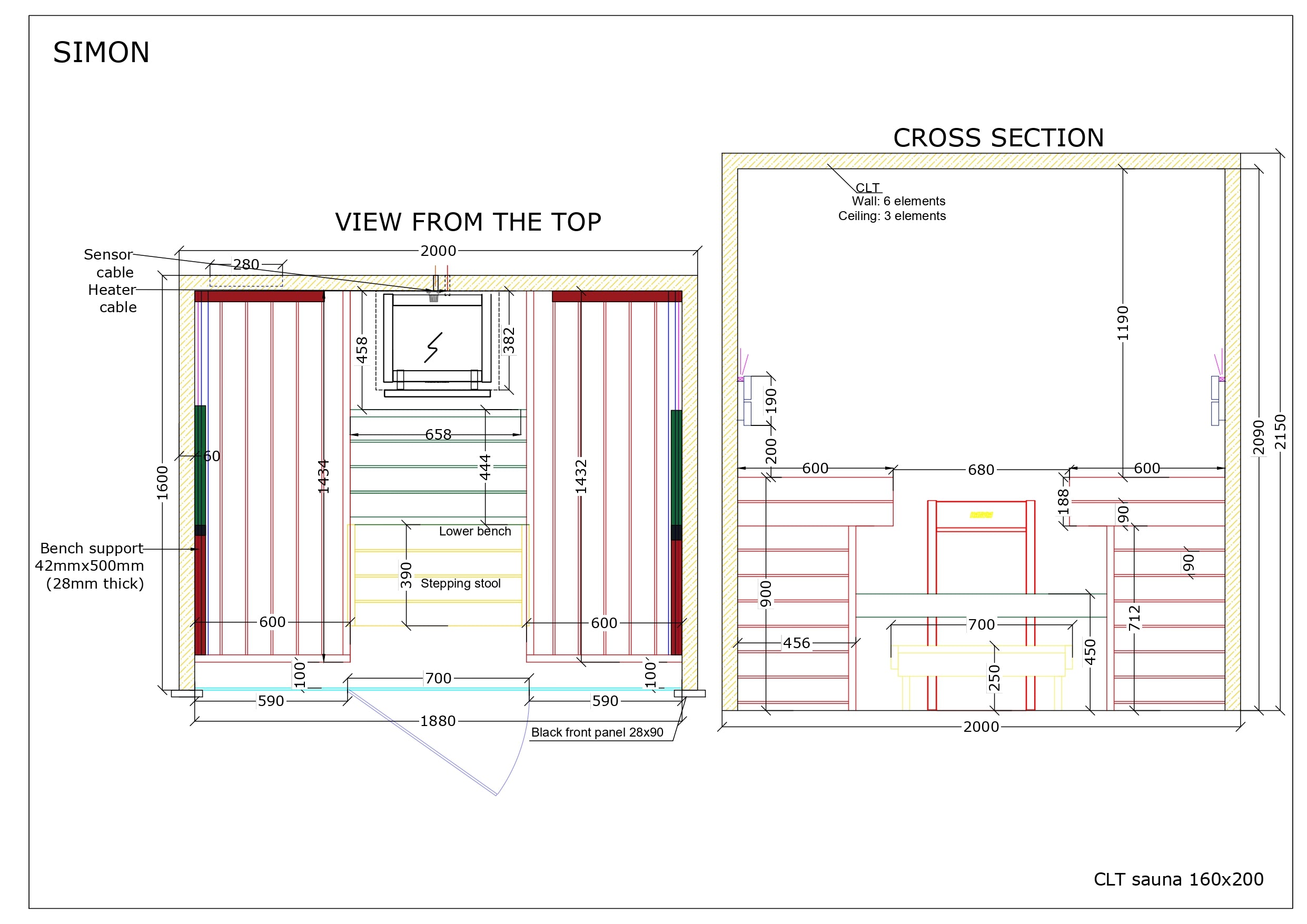 Architectural layout of the SIMON CLT sauna 160x200, including seating measurements and structural elements, on a white background.