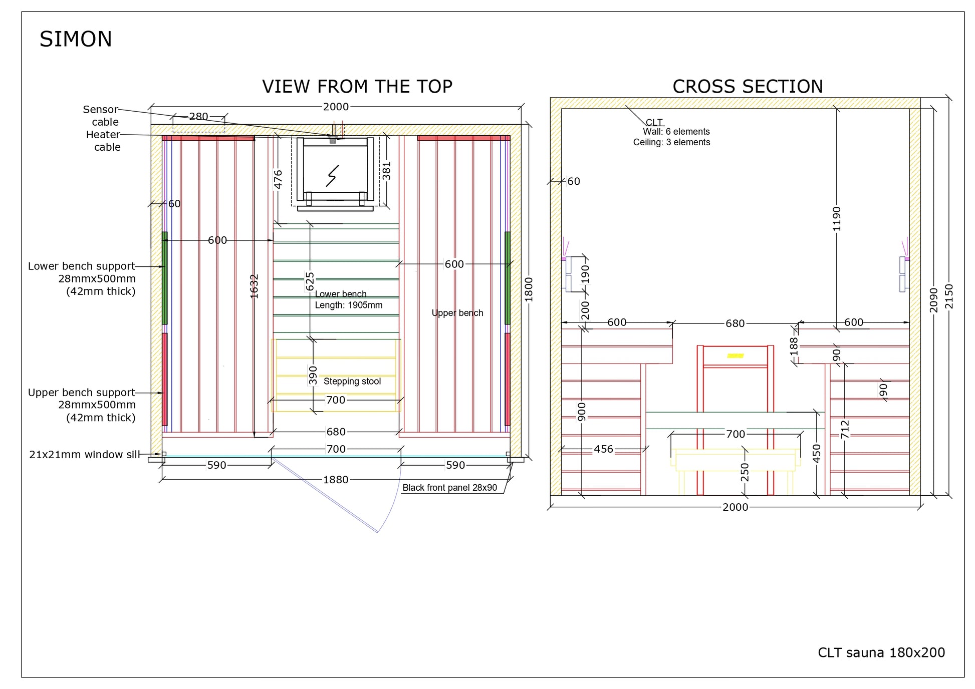 Detailed plan and elevation view of the SIMON CLT sauna 180x200, highlighting heater placement and bench configuration, on a white background.