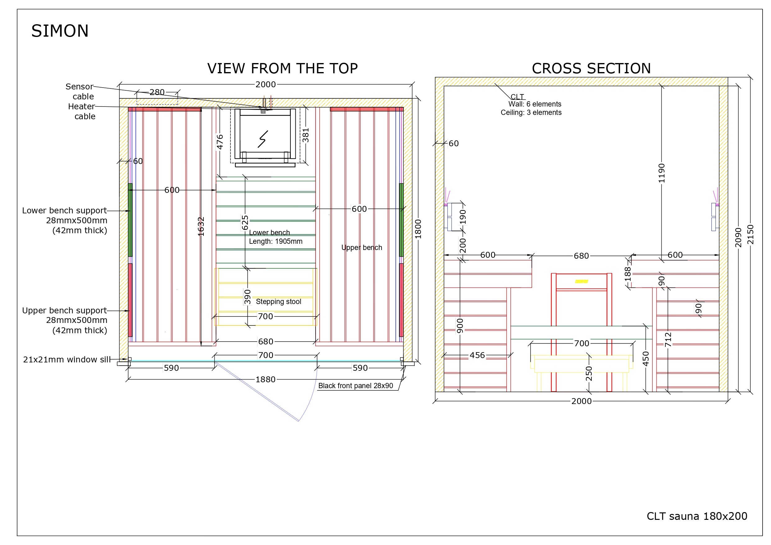 Detailed plan and elevation view of the SIMON CLT sauna 180x200, highlighting heater placement and bench configuration, on a white background.