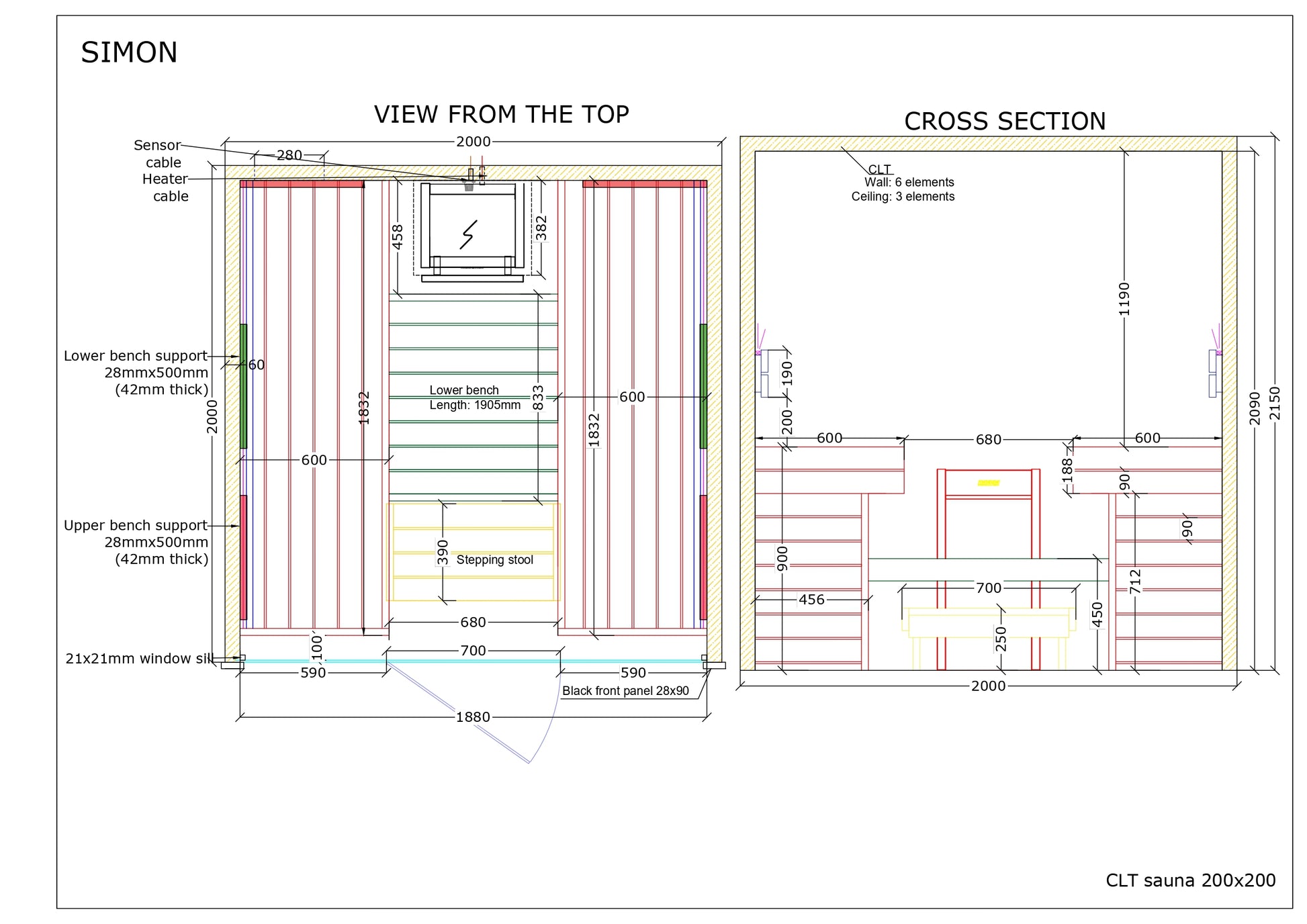 Top-down and cross-sectional layout of the SIMON CLT sauna 200x200, with labelled benches, stepping stool, and heating unit, on a white background.