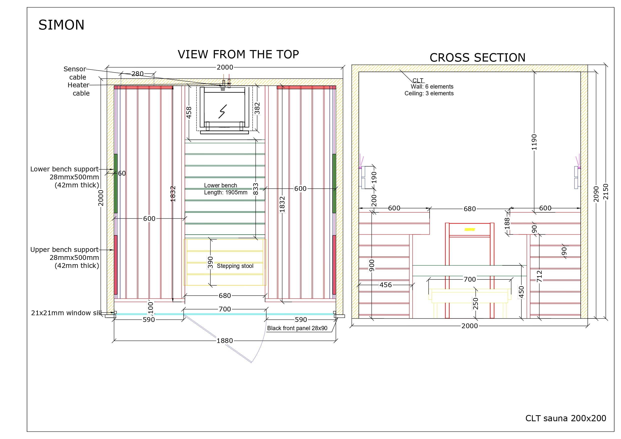 Top-down and cross-sectional layout of the SIMON CLT sauna 200x200, with labelled benches, stepping stool, and heating unit, on a white background.