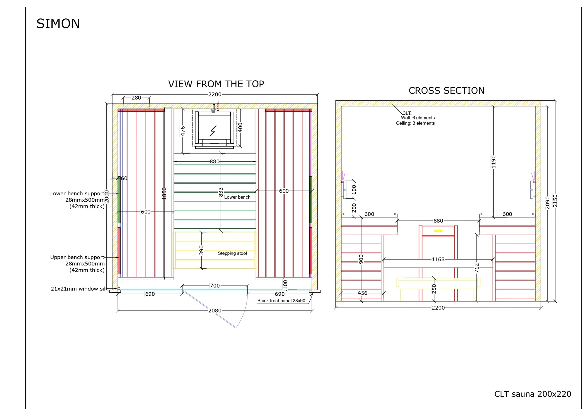Technical floor plan and cross-section of the SIMON CLT sauna 220x200 model, showing detailed dimensions and bench placements on a white background.