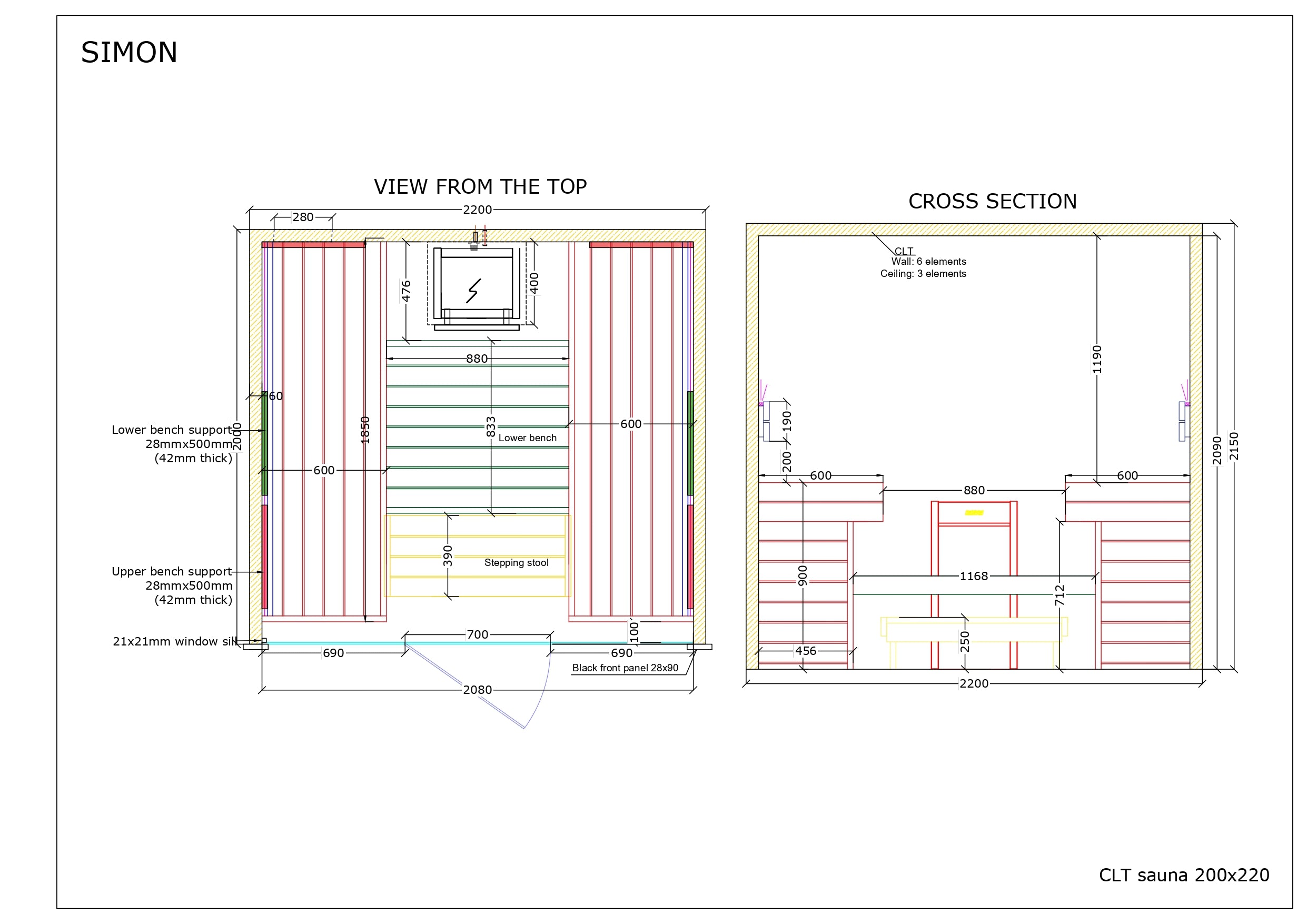 Technical floor plan and cross-section of the SIMON CLT sauna 220x200 model, showing detailed dimensions and bench placements on a white background.