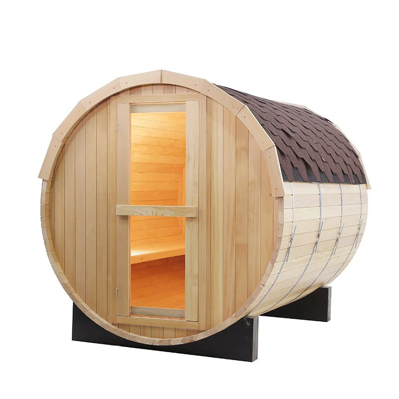 Centura Heat outdoor wood barrel sauna with brown shingle roof, closed door view on a white background.