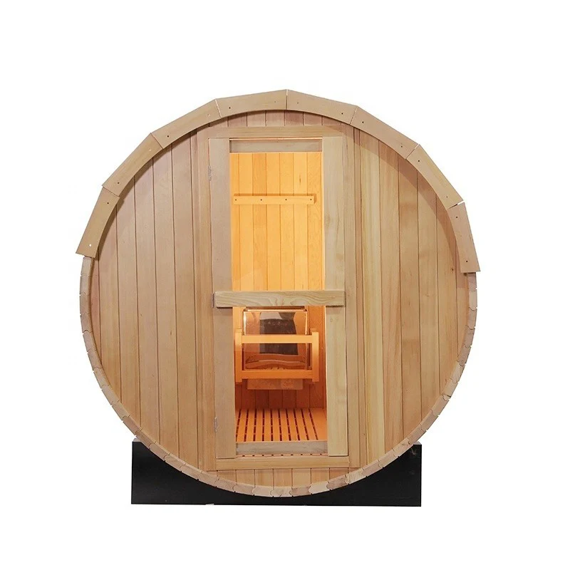 Front view of the Centura Heat outdoor wood barrel sauna showing the wooden door and interior heater, on a white background.