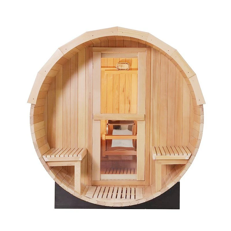 Front-facing view of Centura Heat outdoor barrel sauna with twin benches and glass door revealing interior heater, on a white background.