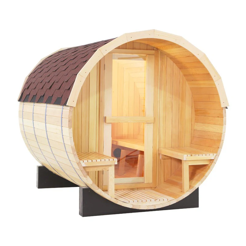 Centura Heat wood barrel sauna with brown shingle roof and front seating benches, angled open view on a white background.