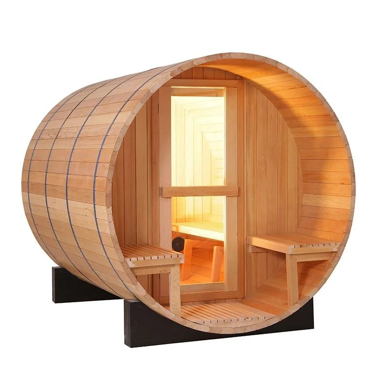 Angled view of the Centura Heat barrel sauna with dual exterior benches and interior lighting, on a white background.