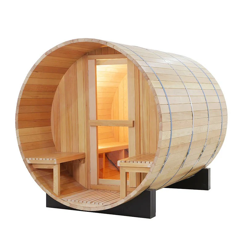 Centura Heat outdoor wood barrel sauna with open front seating area and wooden benches, on a white background.