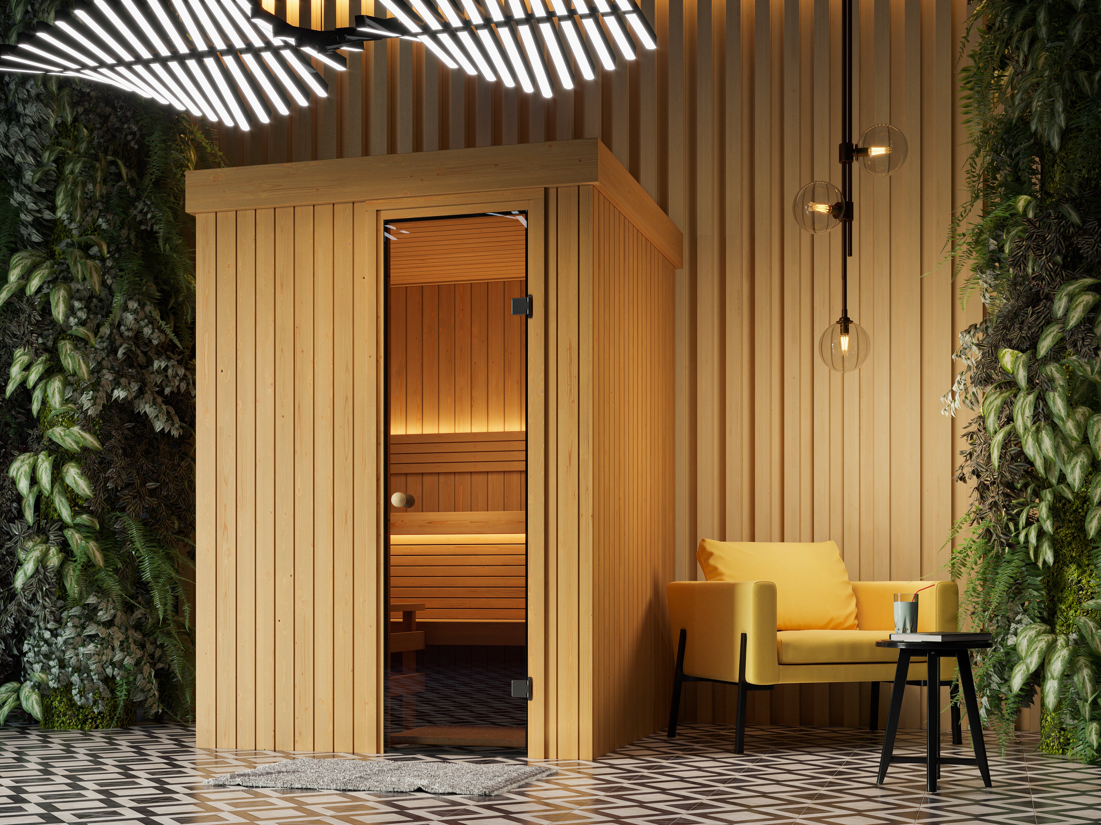 Kuut Emma Modular Sauna S in alder wood finish surrounded by vertical greenery, yellow armchair, and modern lighting in a botanical interior.