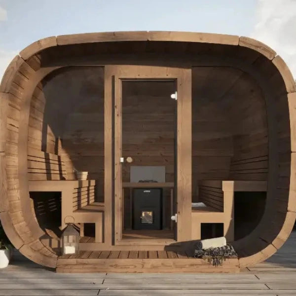 InMedias Cubus Premium Outdoor Sauna – contemporary garden sauna with Thermowood finish and seating
