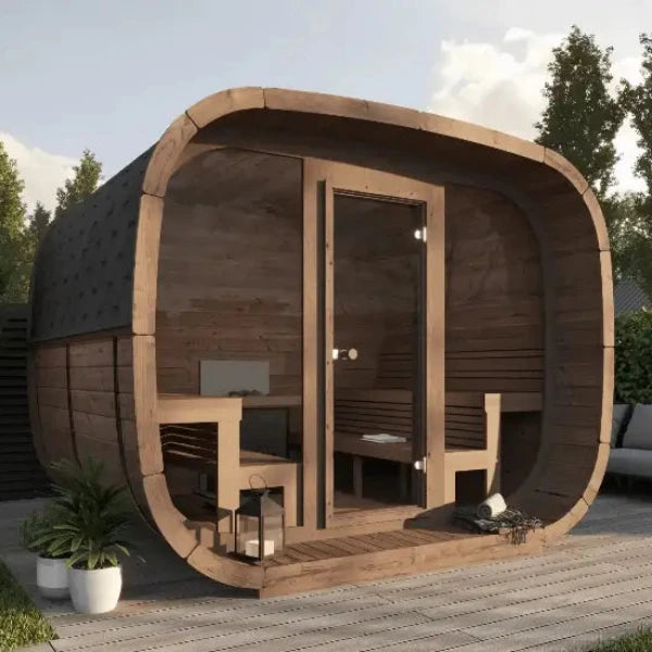 InMedias Cubus Premium Sauna – modern outdoor sauna with curved cubic design and glass door