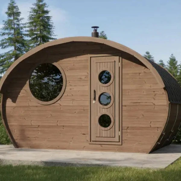 InMedias Oval Sauna Frodo 240 – outdoor Thermowood barrel sauna with circular windows and modern design