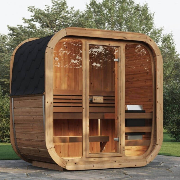 InMedias Sauna Icon 125 outdoor wooden sauna cabin with glass front and curved roof.