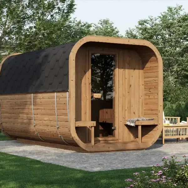 InMedias Sauna Icon 385 XL outdoor wooden sauna cabin with glass door and curved roof.